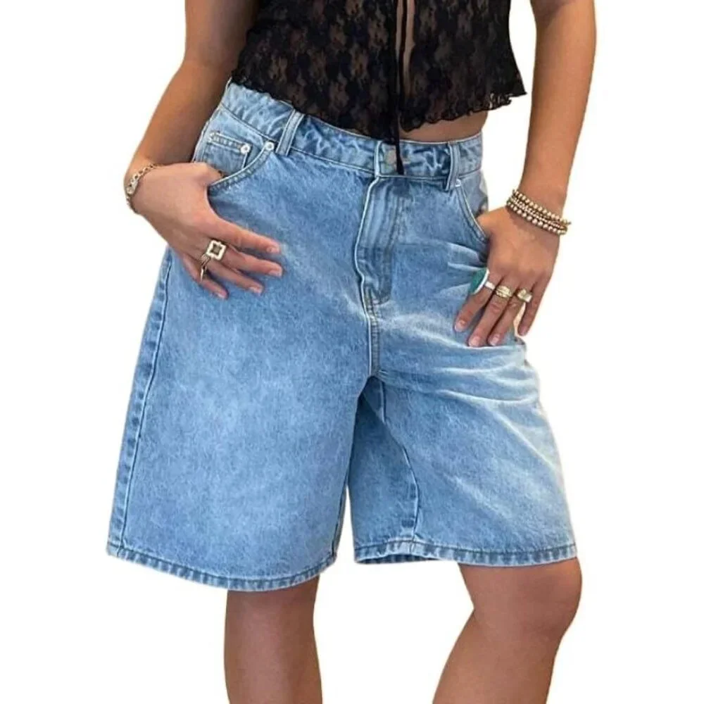 Women Wide Leg Baggy Denim Shorts Summer Vintage High-Rise Loose Fit Bermuda